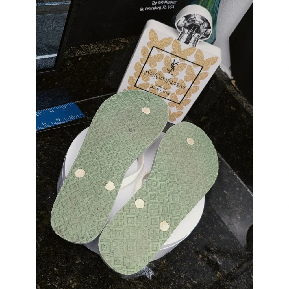 Tory Burch Flip Flops 9 White Green Floral Bird Print Logo Thong Sandals Summer